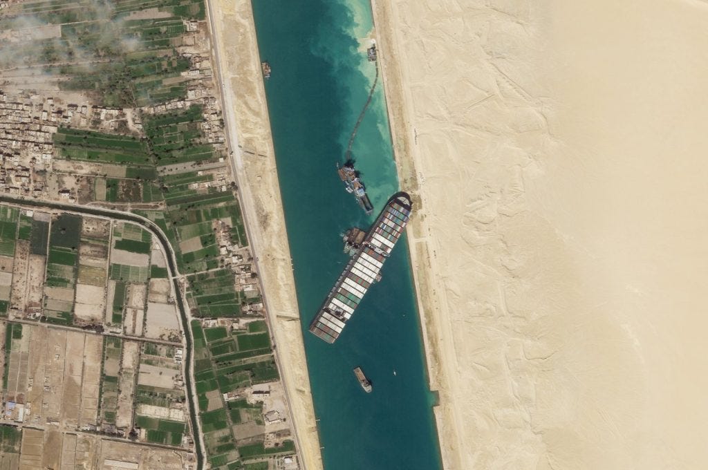 The cargo ship MV Ever Given is stuck in the Suez Canal near Suez, Egypt, March 28, 2021. ©Planet Labs Inc.