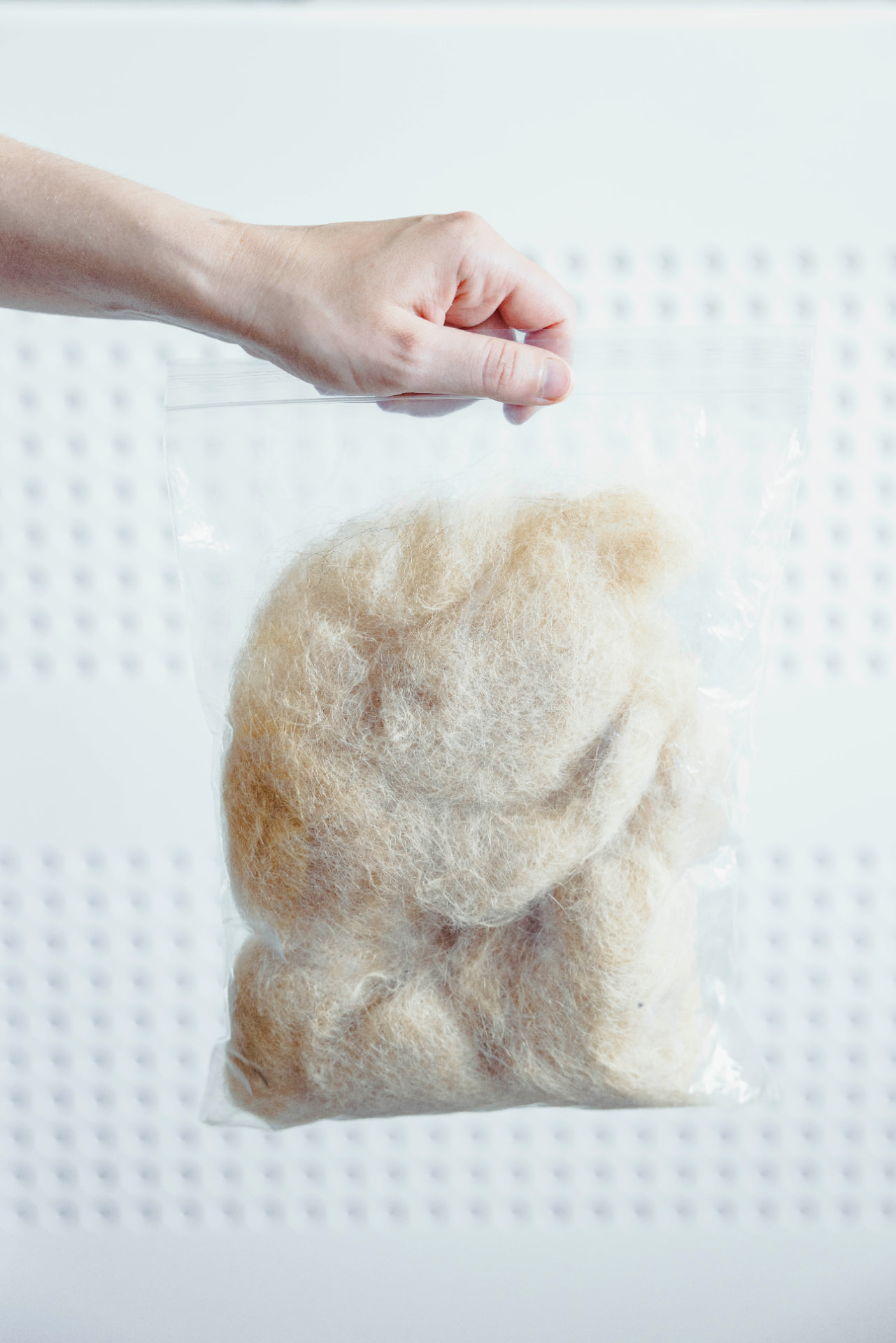 Hand holding a sealed bag of collected human hair fibre